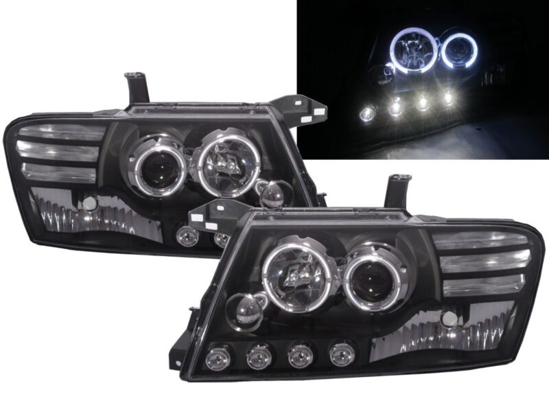 Φανάρια εμπρός angel eyes για Mitsubishi Pajero (2001-2006) - μαύρα , με λάμπες (Η1) - σετ 2τμχ. € 289,1