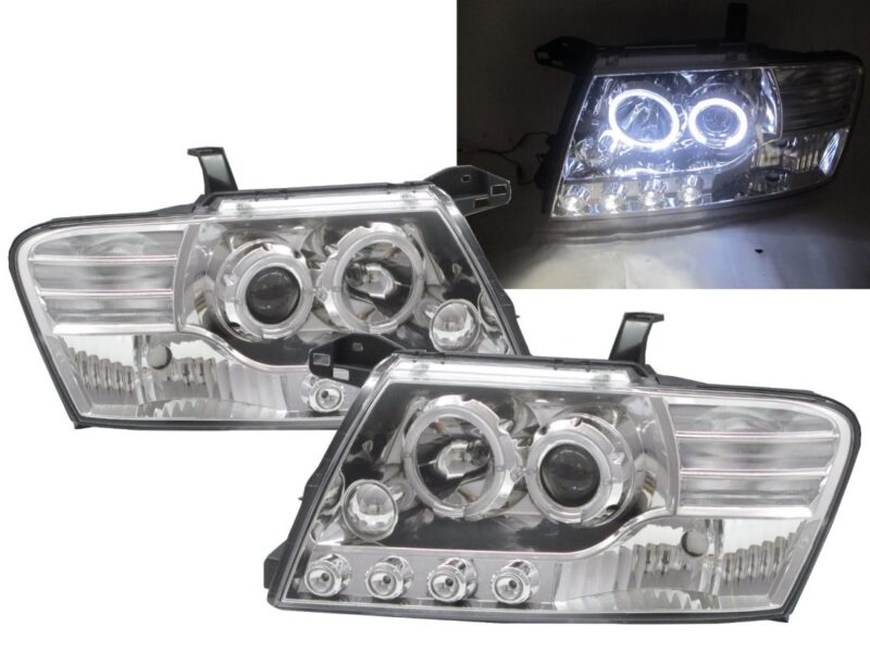 Φανάρια εμπρός angel eyes για Mitsubishi Pajero (2001-2006) - chrome , με λάμπες (Η1) - σετ 2τμχ. € 326,9